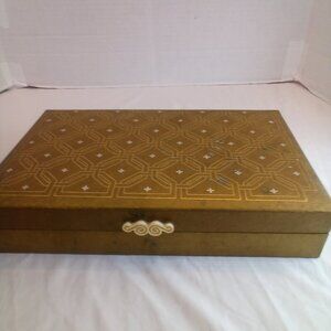 Vintage Jewlery Box Wood Padded Top Felt Lined Gold Color 12" x 8" x 3"
